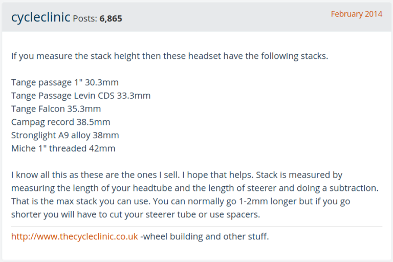 Bike Radar forum comment sharing 1" headset stack height measurements
