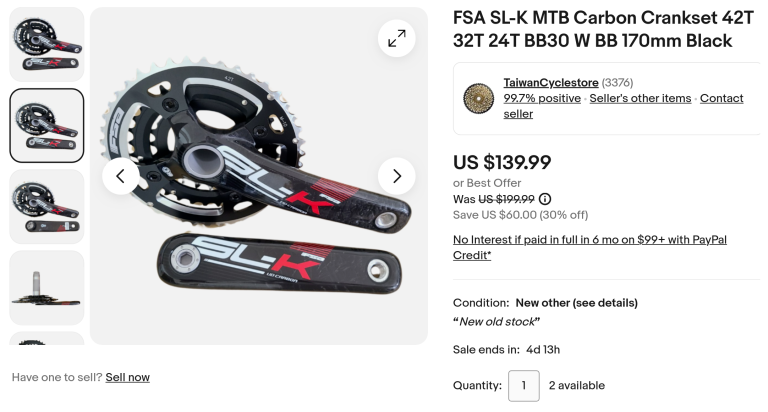 FSA SL-K MTB Carbon Crankset 42T 32T 24T BB30 170mm