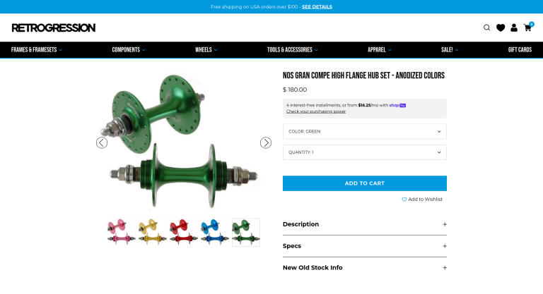 Retrograde NOS Gran Compe high flange hub set - anodized colors